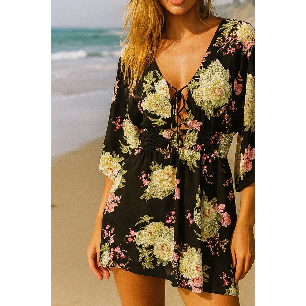 Maurices Womens sz S Floral Rutched Lace up Flowy Sleeve VNeck Dress Boho Beachy